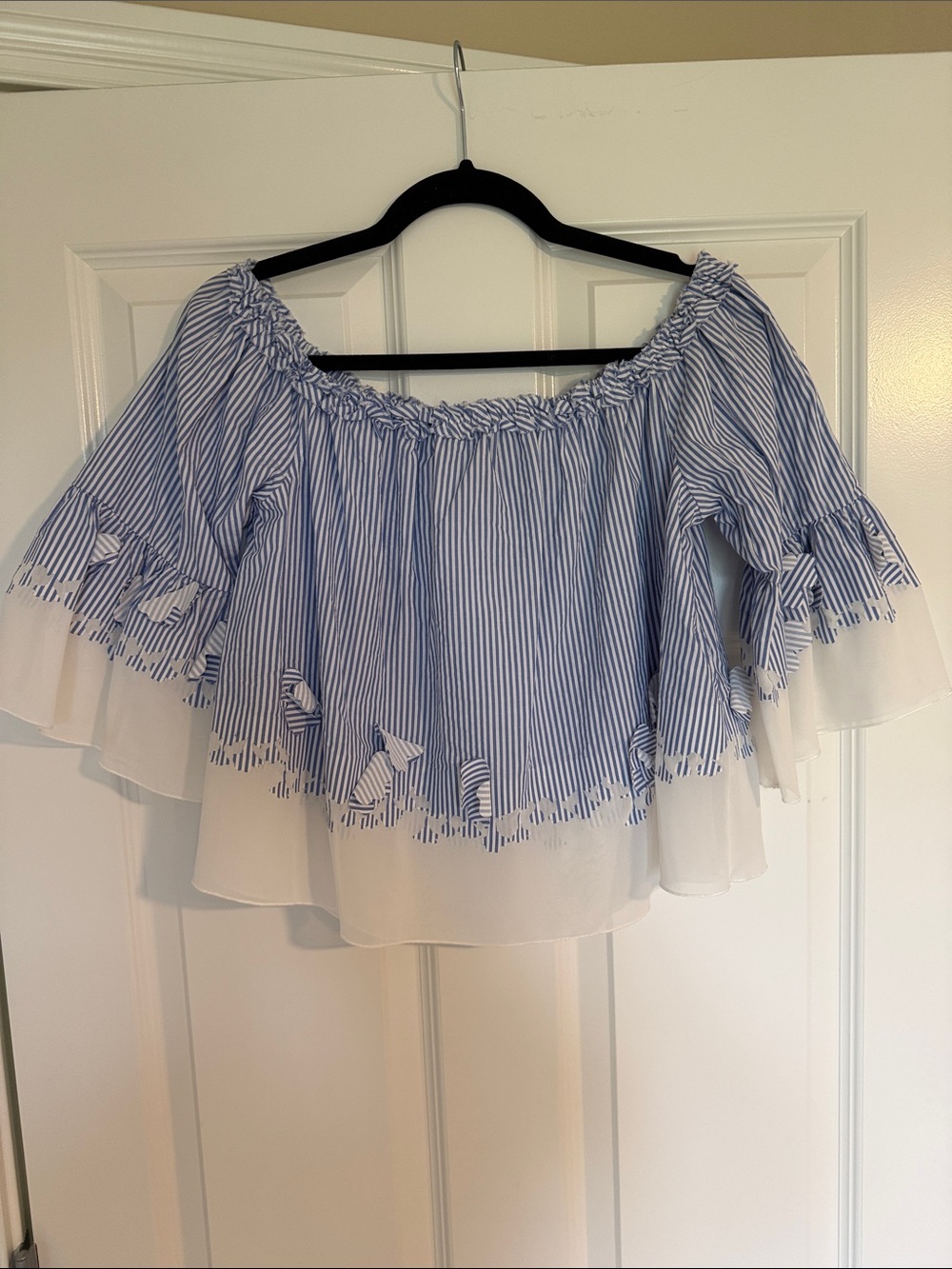 Banana Republic Limited Edition Off-Shoulder Blue & White Striped Ruffle Top